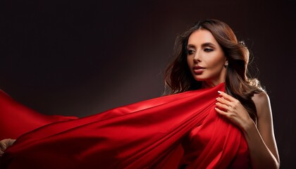 stunning beauty captured with flowing red fabric in dramatic lighting and striking pose