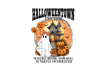 Halloween est 1998 - Cartoon ghost with haunted house and pumpkins isolated on transparent background