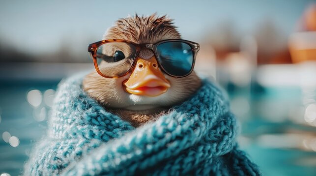 A cute duck humorously dressed in sunglasses and a cozy scarf, basking in the sun, offering a whimsical take on pet fashion that brings joy and laughter to viewers.