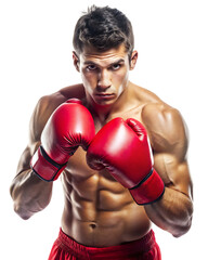 Photo of muscular boxer with red gloves isolated on transparent background