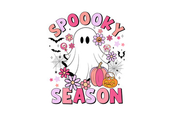 Spooky season halloween ghost pumpkin and flowers isolated on transparent background