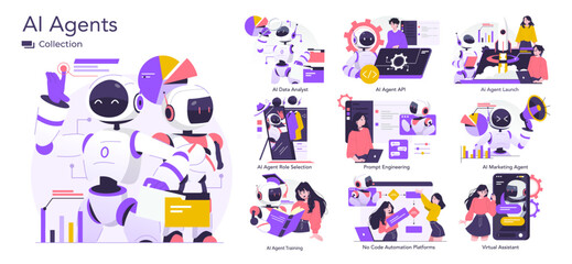 AI Agents in Various Roles Vector Illustration Collection