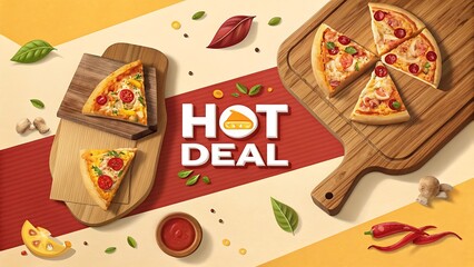 Top-down view of pizza slices on a wooden board, red 'Hot Deal' label, background in solid color with dynamic food shadows