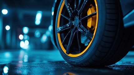 The shiny wheel of a sports car is captured in striking detail, showcasing its bold design and captivating colors against a moody and vibrant nighttime backdrop.