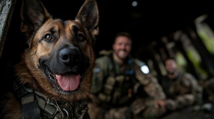 A well-trained police dog smiles in a rusty environment, showcasing loyalty and teamwork alongside soldiers, portraying the bond between animals and their human partners in duty.