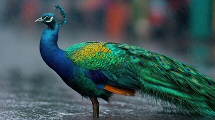 Obraz premium A peacock displays its striking feathers amidst the rain, creating a vivid contrast against a blurred background of greenery and colorful figures. The scene captures the beauty of nature.
