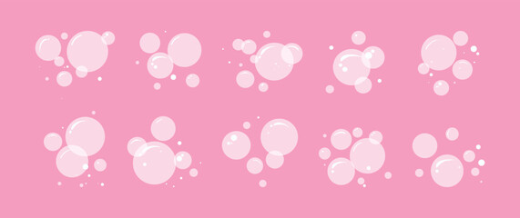 Bubble gum, soap water suds, cartoon foam drop icon. Baby bath, carbonated air. Baby shower pattern, wash balloon. Shampoo or soda cloud drink. Transparent fizzy effect on pink bg. Vector illustration