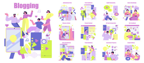 Blogging Journey Vector Illustration with People and Devices