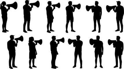 People holding megaphone speaker set vector silhouette.
