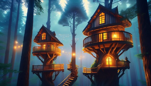 surreal wooden treehouses with warm glowing lights in misty forest vertical view of faity tale village in magical woods concept of fantasy