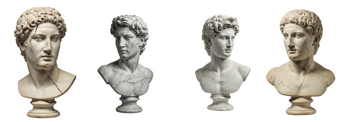 Set of isolated photorealistic male bust sculptures on a transparent background  