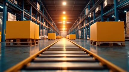 An expansive warehouse aisle featuring neatly stacked yellow boxes on pallets and railway tracks, illustrating order and efficiency in storage logistics.