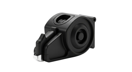 Black tape measure tool with retractable mechanism and grip handle  