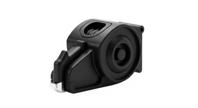 Black tape measure tool with retractable mechanism and grip handle  