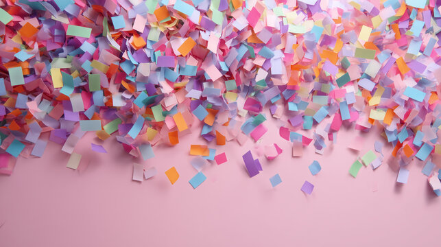 Bright and playful, colorful paper confetti explodes against a pastel pink background, creating a festive celebration vibe.


