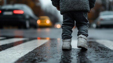 A child cautiously walks across a rain-soaked road, exemplifying innocence and curiosity, highlighting the beauty of everyday moments amidst the evocative atmosphere of a rainy day.