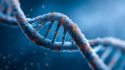 Colorful DNA double helix structure with intricate details and glowing particles in a dark background