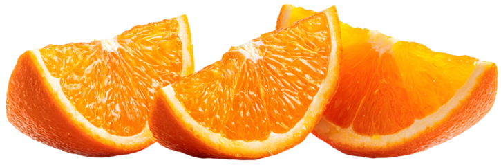 Three vibrant orange slices displayed on a transparent background, showcasing their juicy segments and bright color, emphasizing freshness and natural appeal.