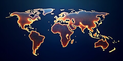 Glowing World Map with Illuminated Continental Edges on Dark Blue Background