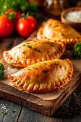 Three golden-brown empanadas filled with savory ingredients rest on a rustic wooden board surrounded by fresh tomatoes and herbs