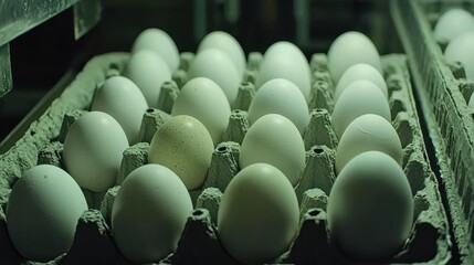 Obraz premium Freshly collected eggs arranged in trays inside a poultry farm during evening hours