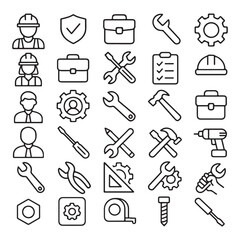 Obraz premium Collection of construction and repair icons including tools workers and safety equipment