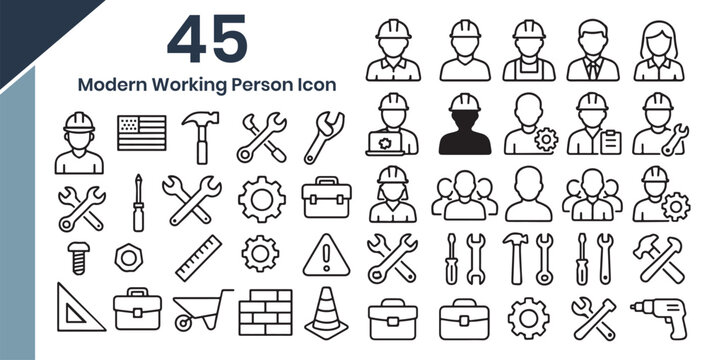 Collection of 45 modern icons representing working people and tools