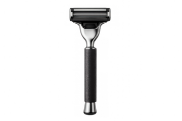 Sleek black safety razor with textured handle, precision blades gleaming against transparent studio backdrop