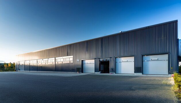 exterior of a modern warehouse with a small office unit - Powered by Adobe
