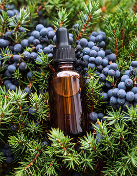 Frasco &acirc;mbar do &Oacute;leo Essencial de Cedro Virg&iacute;nia em cima de folhas e frutas da &aacute;rvore Juniperus virginiana, aromaterapia, medicina da natureza
