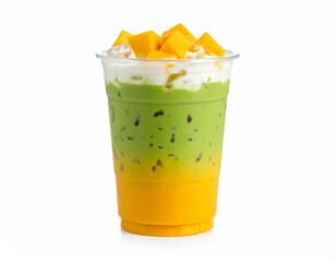 Mango iced matcha latte, plastic cup on white background