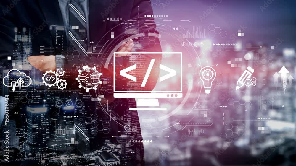 Fototapete modern web development concept featuring coding symbols, web development process, web development in