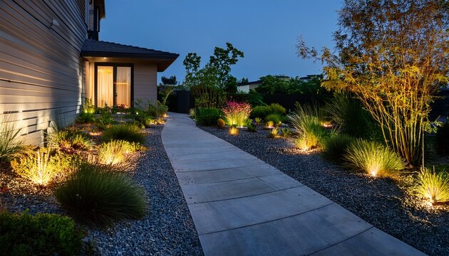 modern gardening landscaping design details illuminated pathway in front of residential house landscape garden with ambient lighting system installation highlighting flowers plants
