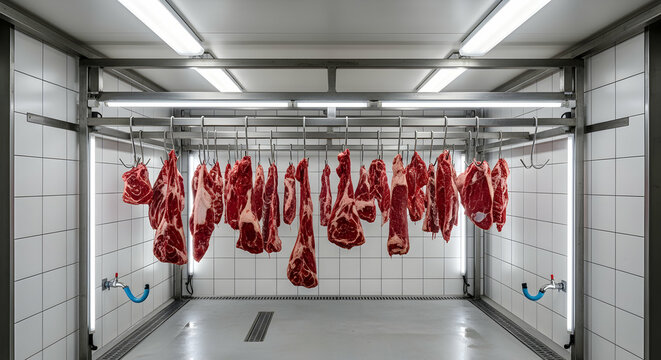 Fresh Meat Cuts Hanging In A Sanitary Butchers Facility Ready For Distribution