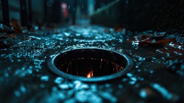 An intriguing image of a city drain surrounded by glistening rainwater, evoking feelings of mystery and solitude in an urban setting illuminated by subtle light reflections.
