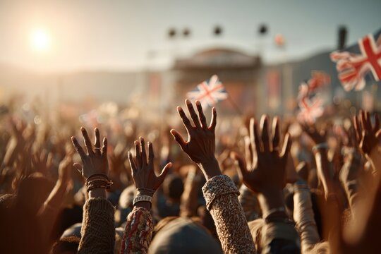 A vibrant crowd raises their hands at an outdoor concert with British flags waving, creating a joyful and energetic atmosphere, celebrating music and unity under sunny skies.