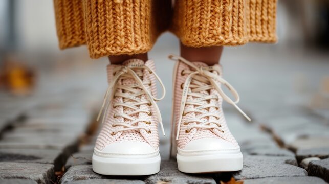 A stylish close-up shot of trendy sneakers on a cobblestone pathway, showcasing modern fashion against a backdrop of rustic beauty and autumnal vibes.