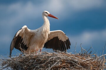 Naklejka premium A stork with striking white feathers stretches its wings while perched atop a large nest made of twigs against a bright blue sky