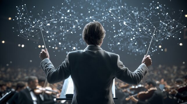 Orchestrating data a conductor guiding a digital symphony of connected nodes and musical instruments in a concert hall