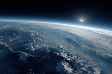 Stunning perspective of Earth's surface showcasing clouds and a partial solar eclipse illuminating the horizon during twilight
