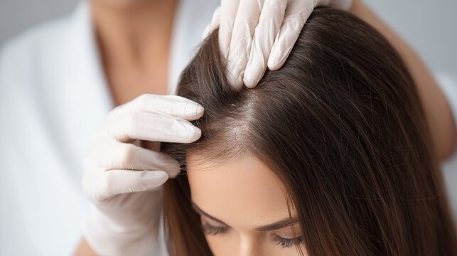Woman receiving hair examination by trichologist wearing gloves at a medical office for scalp health assessment