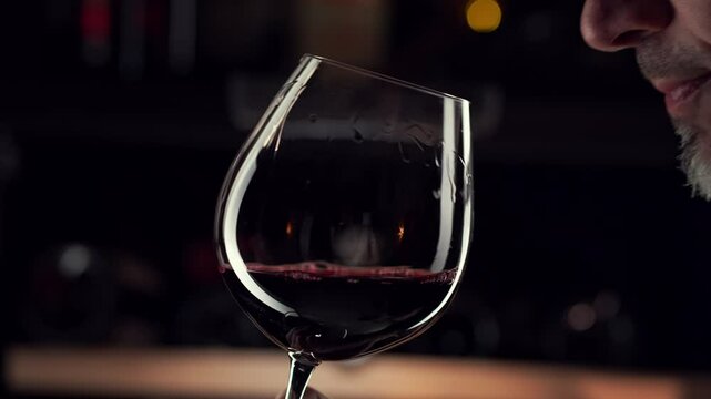 Close up man smelling red wine in wine glass. Wine expert tasting, rating and drinking wine, bottles in background.