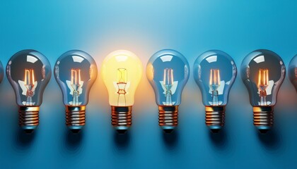 individuality concept with row of light bulbs and a single glowing bulb stand out on blue background