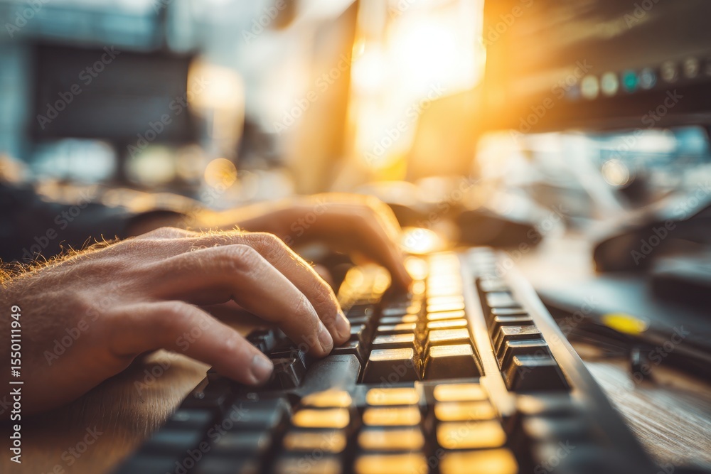 Poster close-up of hands typing on a black computer keyboard with sunlight shining through creating a warm 