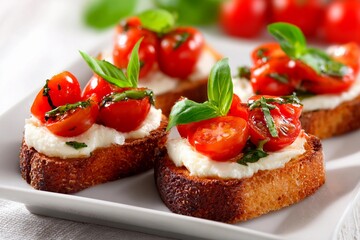 Bruschetta is plated with creamy cheese, fresh tomatoes, and basil leaves, offering a delightful appetizer at a casual gathering. The vibrant colors enhance the experience