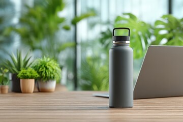 A reusable water bottle stands on a wooden desk next to a laptop and plants, ideal for staying hydrated while working at home, promoting a healthy and sustainable lifestyle.