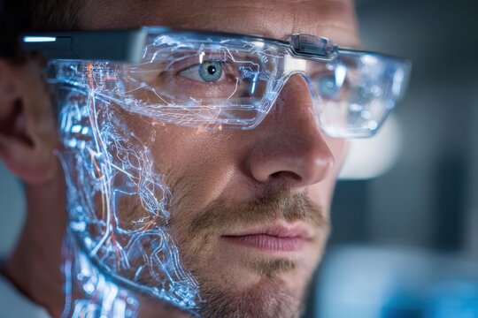 A focused man wearing augmented reality glasses with complex holographic interface, displaying advanced medical diagnostic data and detailed anatomical visualizations.