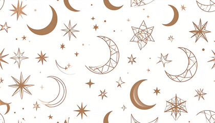 Seamless pattern of bronze crescent moons, geometric stars, and small scattered stars on a white background.  A celestial and mystical design
