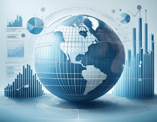a digital infographic with a globe graphs and statistical data representing global financial trends displayed on a light blue and white background