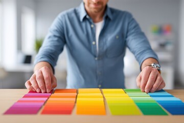 A man in a blue shirt selecting color swatches on a table for interior design project, creating a color palette for a creative endeavor, designer choosing colors.